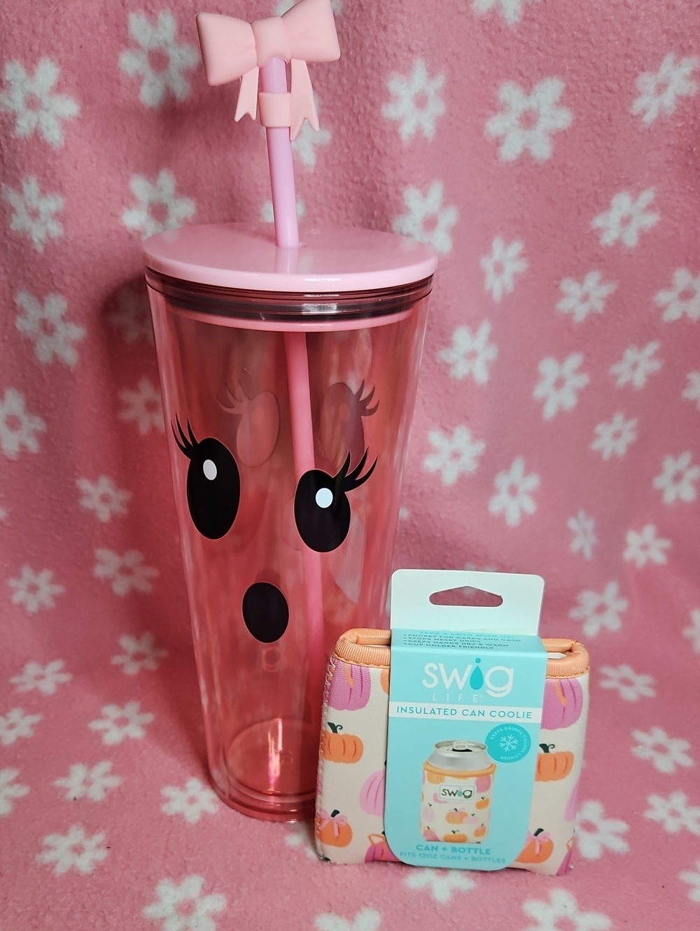 Swig Life Pink Bow Straw Tumbler with Pumpkin Can Cooler